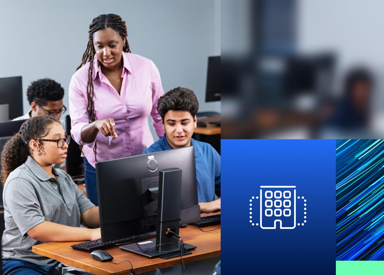 A woman leads a class of students at computers, highlighting strategies to strengthen cybersecurity in schools.