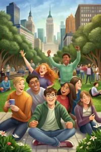 illustration of international college students enjoying Bryant Park in New York City